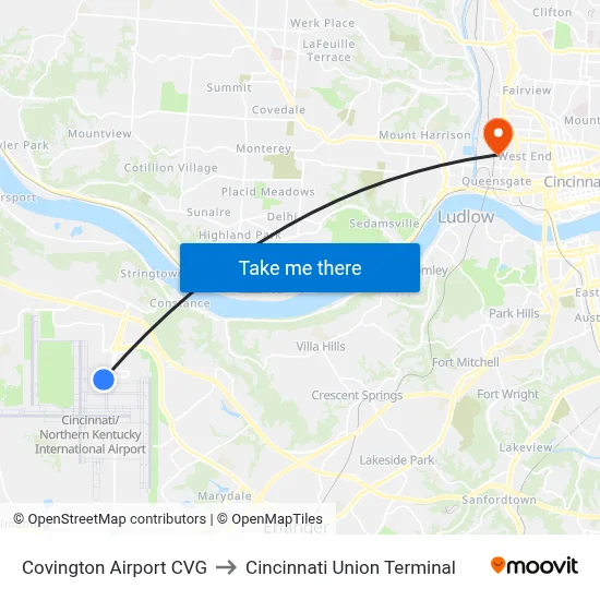 Covington Airport CVG to Cincinnati Union Terminal map
