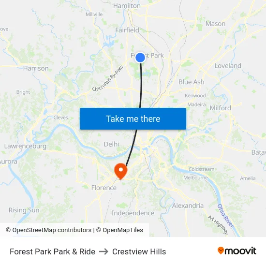 Forest Park Park & Ride to Crestview Hills map
