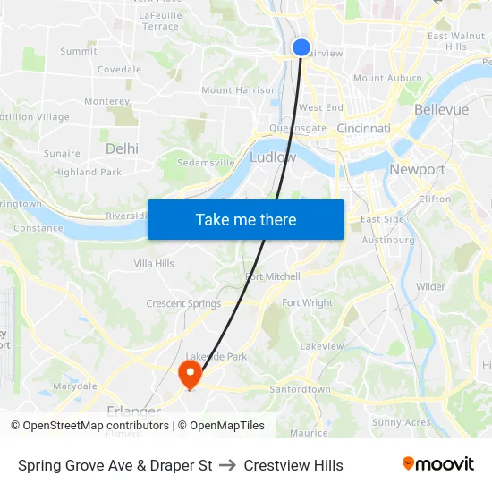 Spring Grove Ave & Draper St to Crestview Hills map