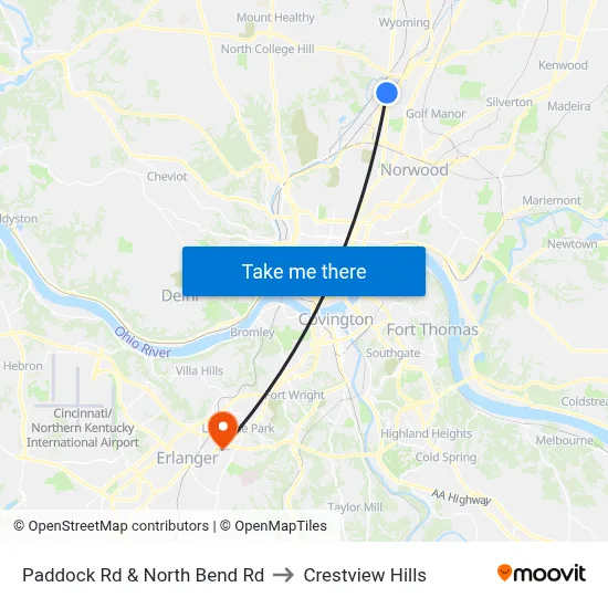 Paddock Rd & North Bend Rd to Crestview Hills map