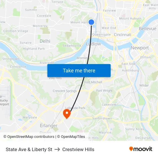 State Ave & Liberty St to Crestview Hills map