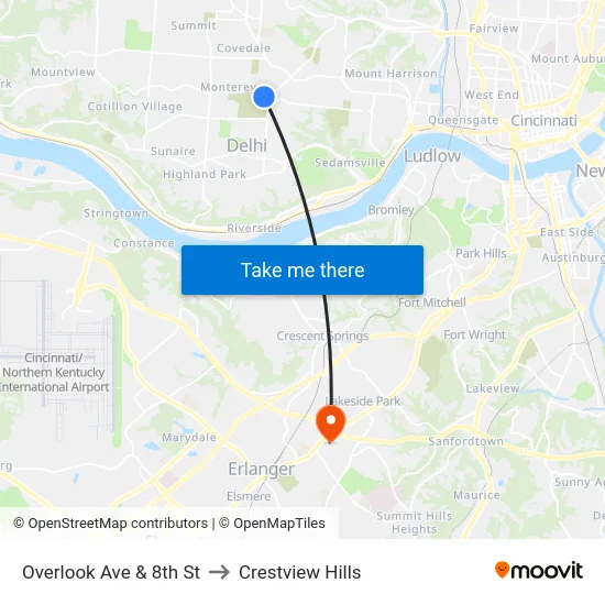Overlook Ave & 8th St to Crestview Hills map