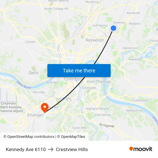 Kennedy Ave 6110 to Crestview Hills map