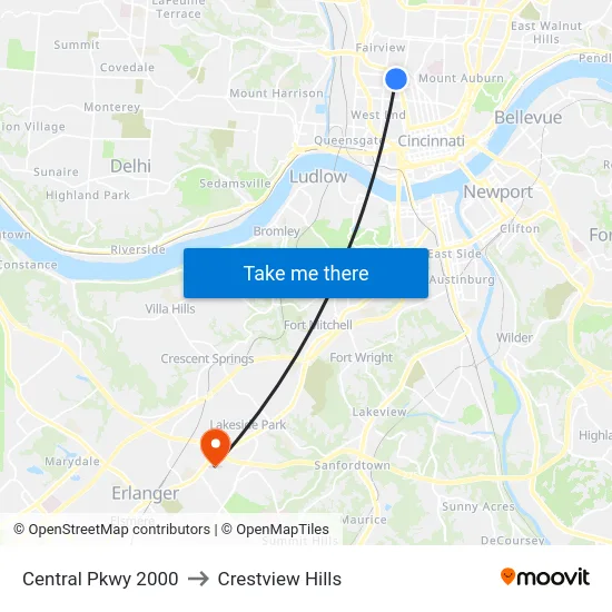 Central Pkwy 2000 to Crestview Hills map