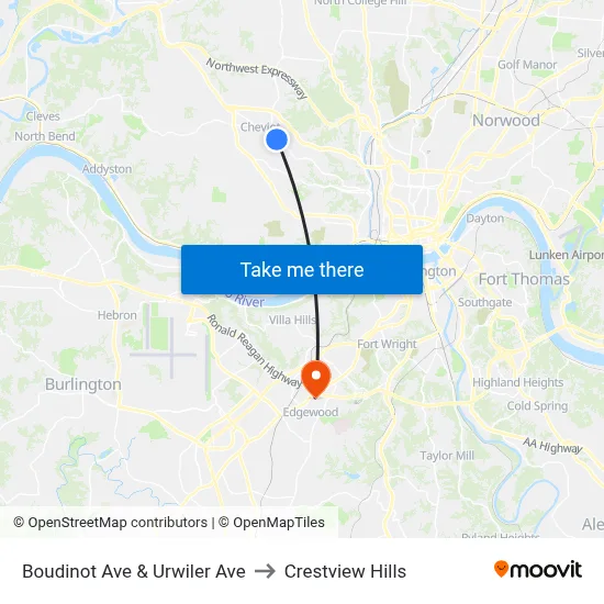 Boudinot Ave & Urwiler Ave to Crestview Hills map