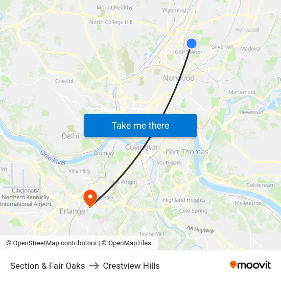 Section & Fair Oaks to Crestview Hills map