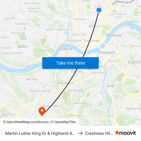 Martin Luther King Dr & Highland Ave to Crestview Hills map