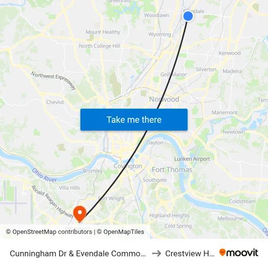 Cunningham Dr & Evendale Commons Dr to Crestview Hills map