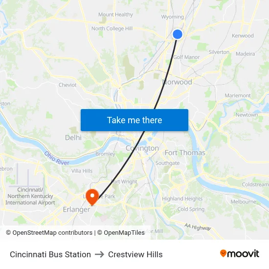 Cincinnati Bus Station to Crestview Hills map