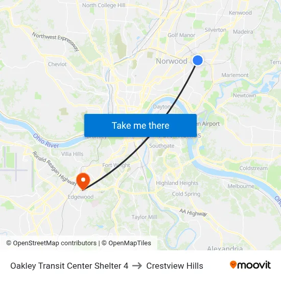 Oakley Transit Center Shelter 4 to Crestview Hills map