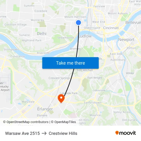 Warsaw Ave 2515 to Crestview Hills map