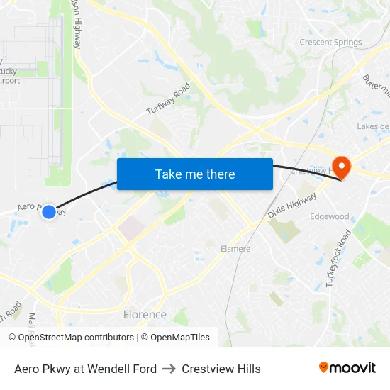Aero Pkwy at Wendell Ford to Crestview Hills map