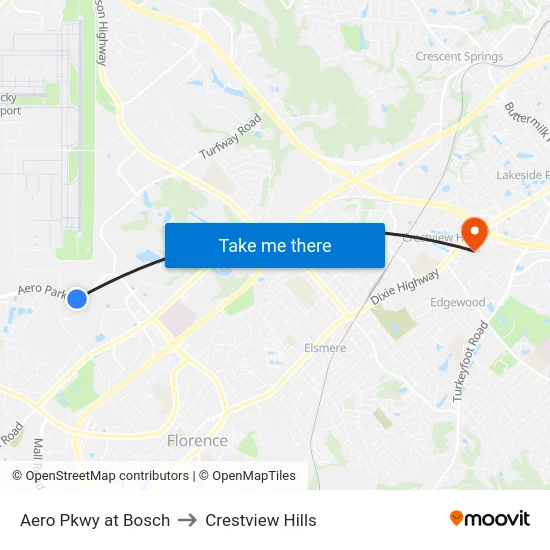 Aero Pkwy at Bosch to Crestview Hills map