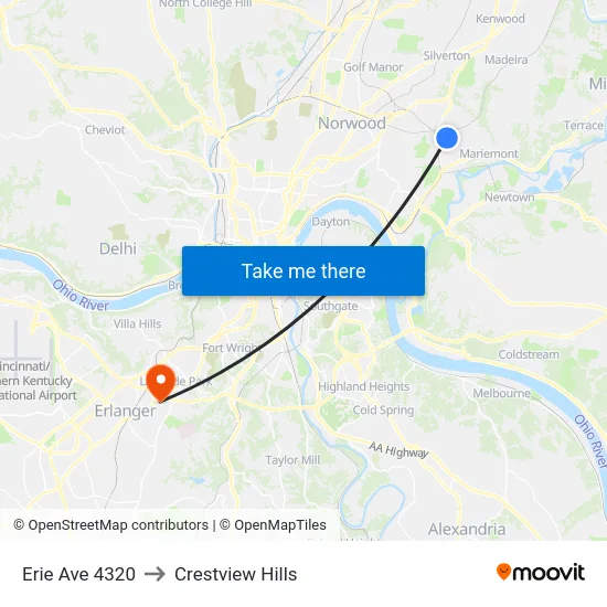 Erie Ave 4320 to Crestview Hills map