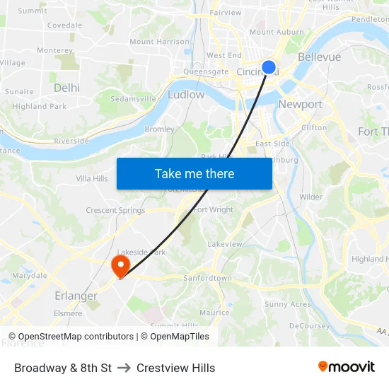 Broadway & 8th St to Crestview Hills map