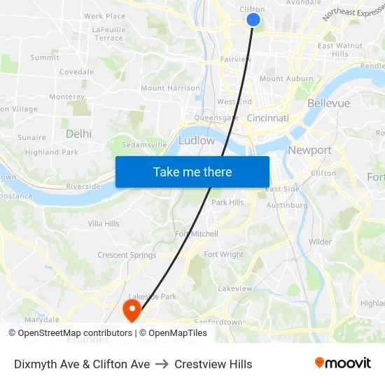 Dixmyth Ave & Clifton Ave to Crestview Hills map