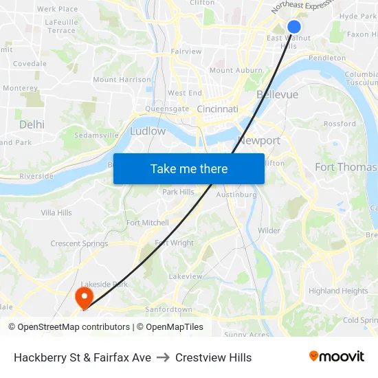 Hackberry St & Fairfax Ave to Crestview Hills map
