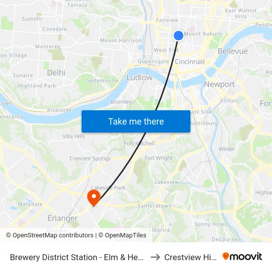 Brewery District Station - Elm & Henry to Crestview Hills map