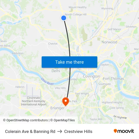 Colerain Ave & Banning Rd to Crestview Hills map