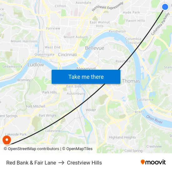 Red Bank & Fair Lane to Crestview Hills map