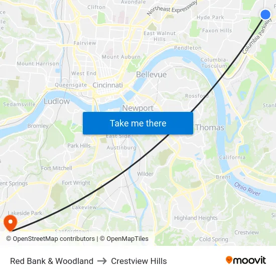 Red Bank & Woodland to Crestview Hills map