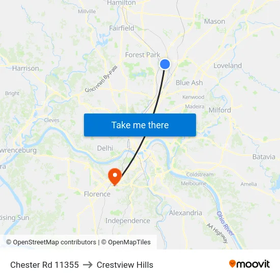 Chester Rd 11355 to Crestview Hills map