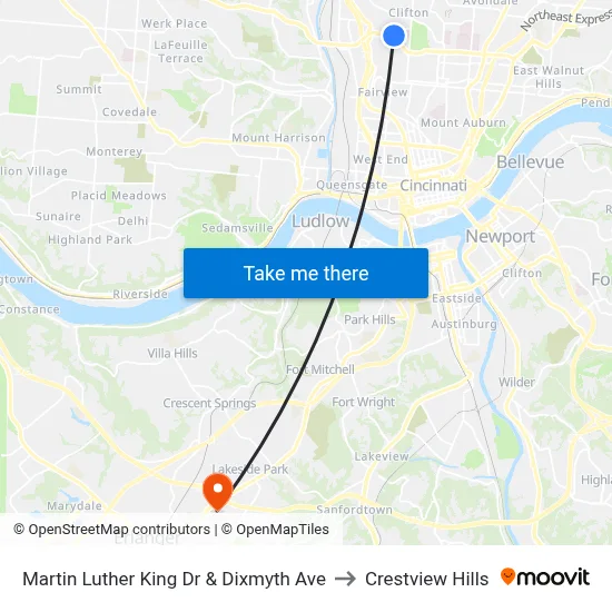 Martin Luther King Dr & Dixmyth Ave to Crestview Hills map