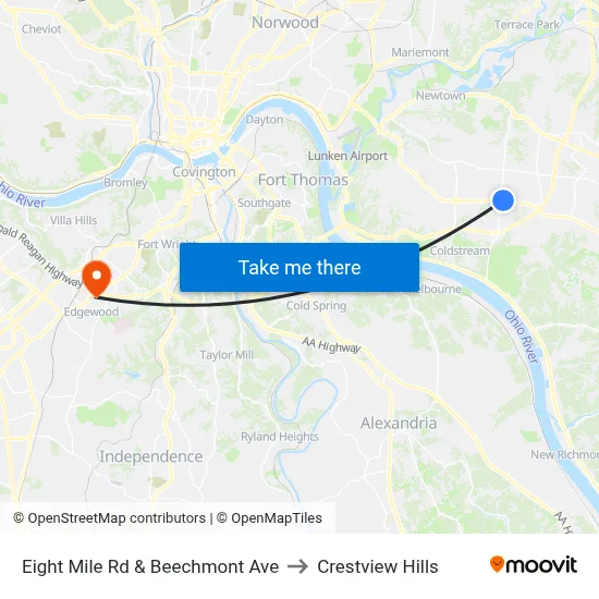 Eight Mile Rd & Beechmont Ave to Crestview Hills map