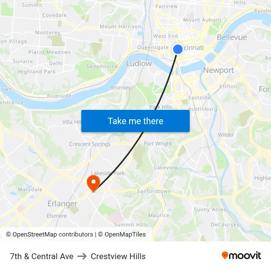 7th & Central Ave to Crestview Hills map