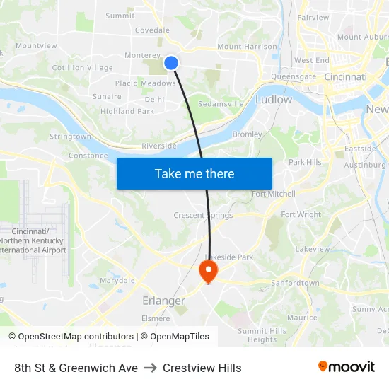8th St & Greenwich Ave to Crestview Hills map