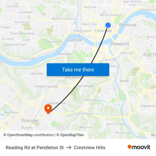 Reading Rd at Pendleton St to Crestview Hills map