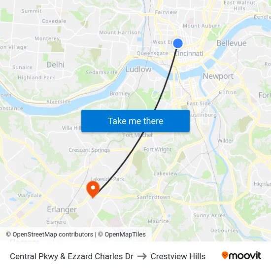 Central Pkwy & Ezzard Charles Dr to Crestview Hills map