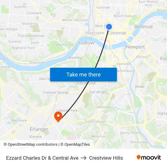 Ezzard Charles Dr & Central Ave to Crestview Hills map
