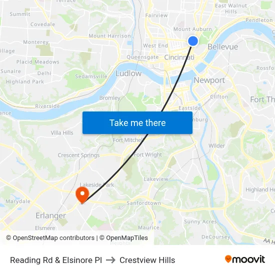 Reading Rd & Elsinore Pl to Crestview Hills map