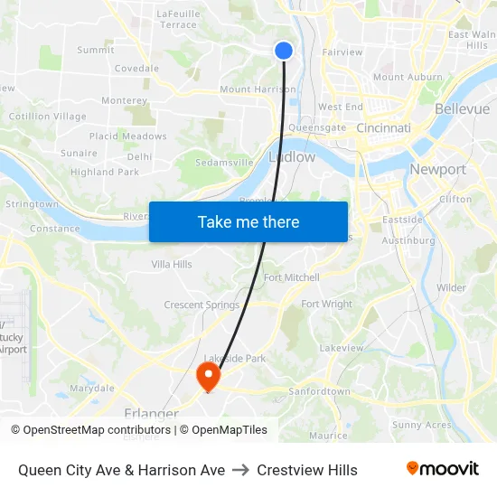 Queen City Ave & Harrison Ave to Crestview Hills map