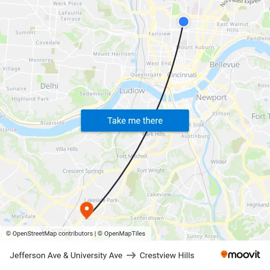 Jefferson Ave & University Ave to Crestview Hills map