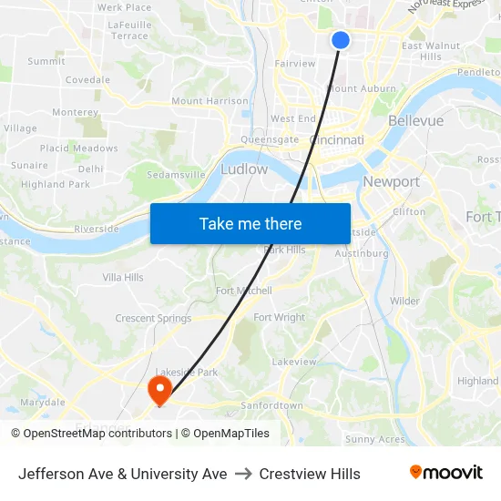 Jefferson Ave & University Ave to Crestview Hills map