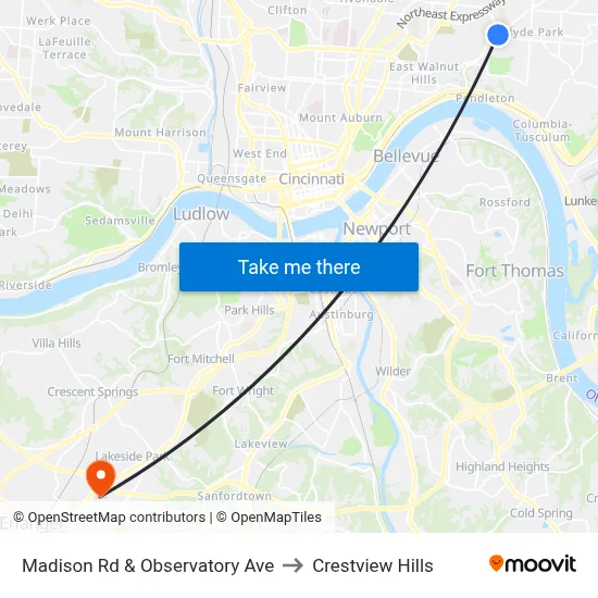 Madison Rd & Observatory Ave to Crestview Hills map