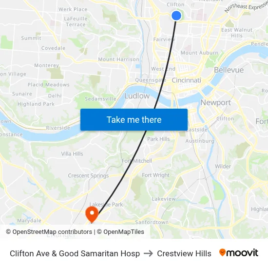 Clifton Ave & Good Samaritan Hosp to Crestview Hills map