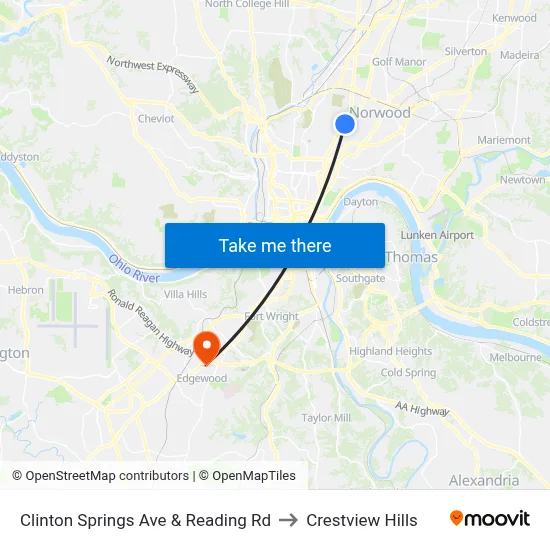 Clinton Springs Ave & Reading Rd to Crestview Hills map