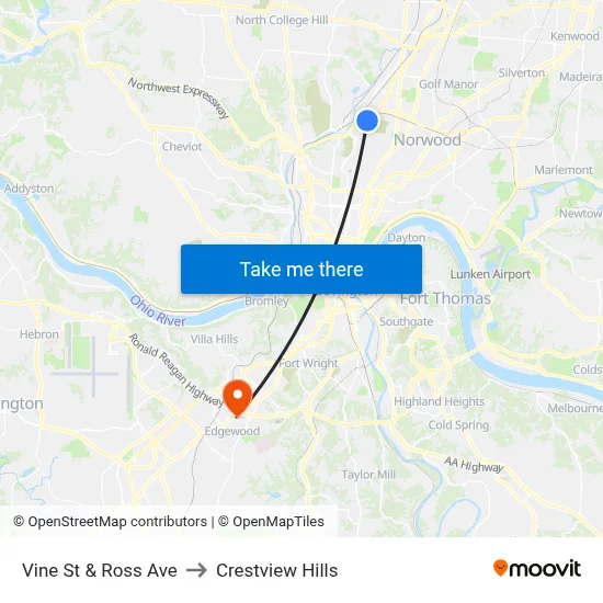 Vine St & Ross Ave to Crestview Hills map