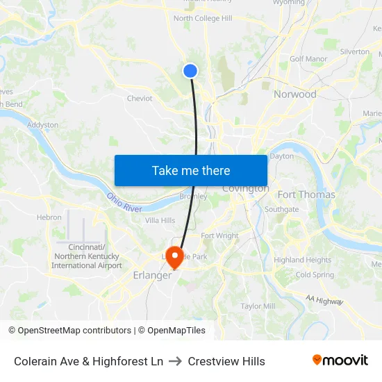 Colerain Ave & Highforest Ln to Crestview Hills map