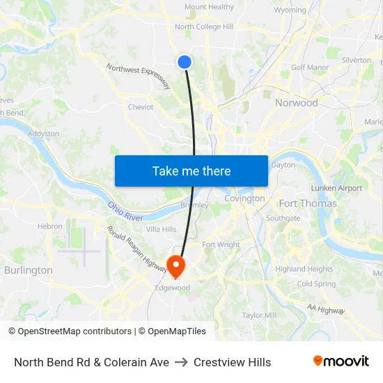 North Bend Rd & Colerain Ave to Crestview Hills map