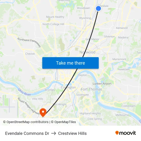 Evendale Commons Dr to Crestview Hills map