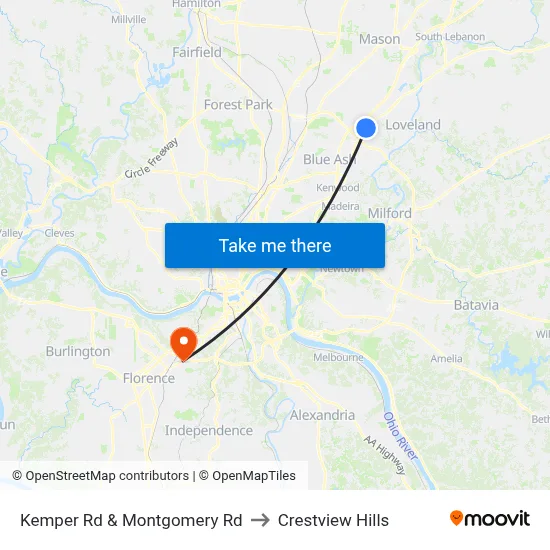 Kemper Rd & Montgomery Rd to Crestview Hills map