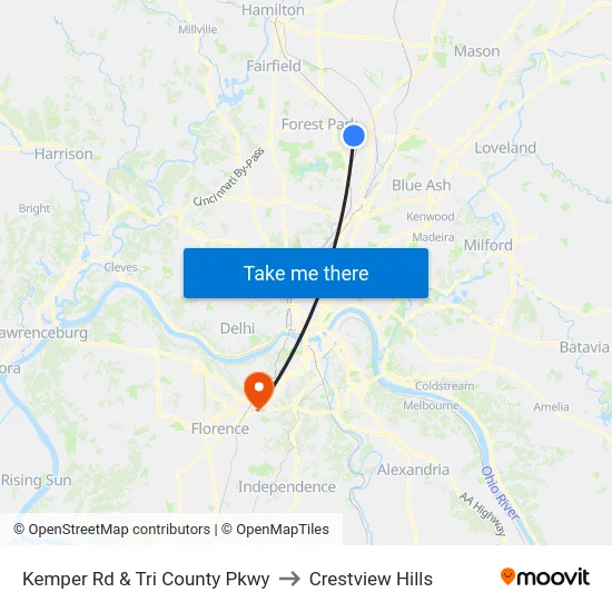 Kemper Rd & Tri County Pkwy to Crestview Hills map