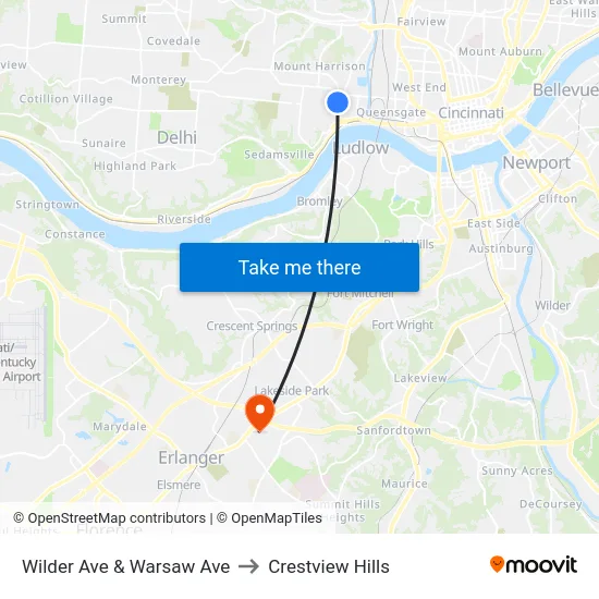 Wilder Ave & Warsaw Ave to Crestview Hills map