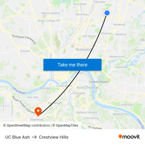 UC Blue Ash to Crestview Hills map