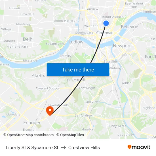 Liberty St & Sycamore St to Crestview Hills map