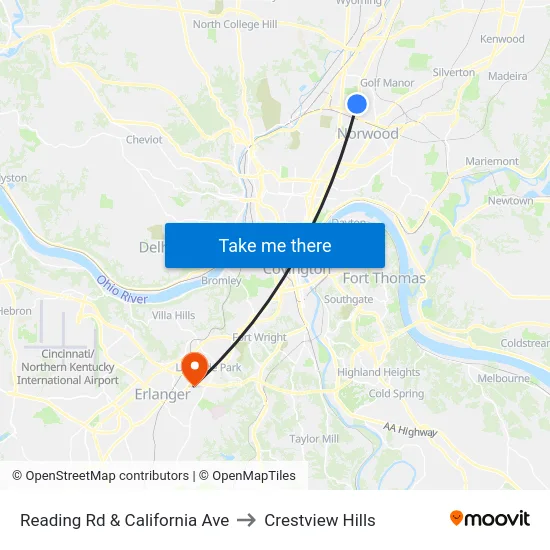 Reading Rd & California Ave to Crestview Hills map